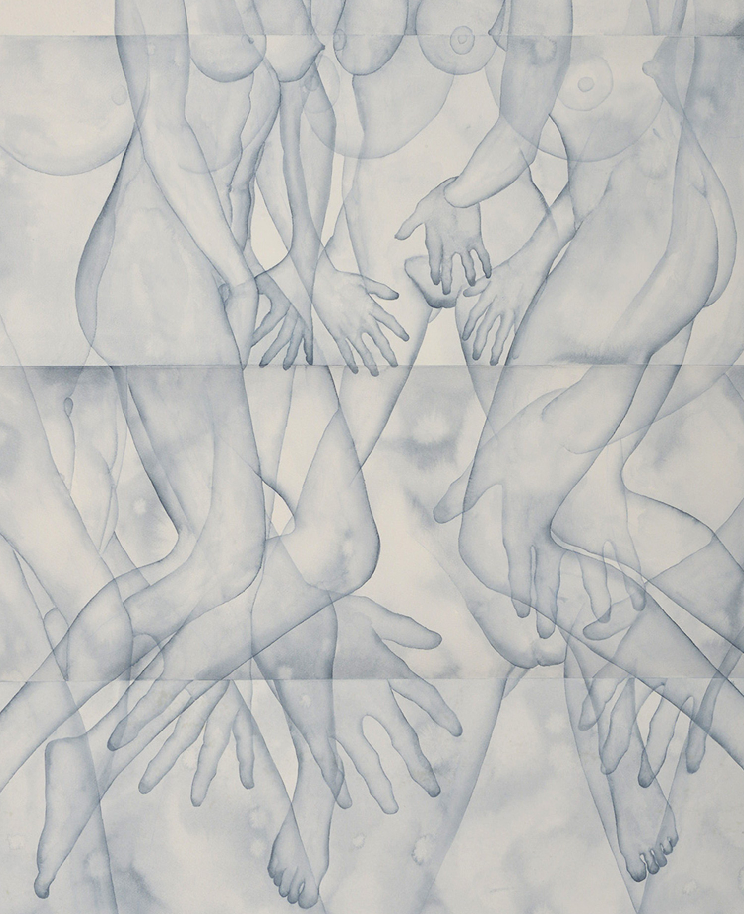 Stefano Bonzano, Mani, acquerello su carta applicato su due pannelli, 110x130 cm, 2019.