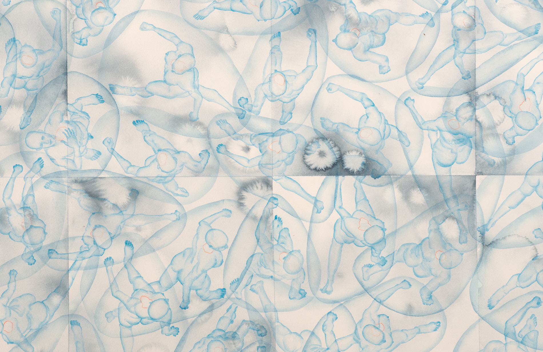 Stefano Bonzano, Reazioni biologiche, watercolor on paper applied on two panels, 110x73 cm, 2019 (detail).