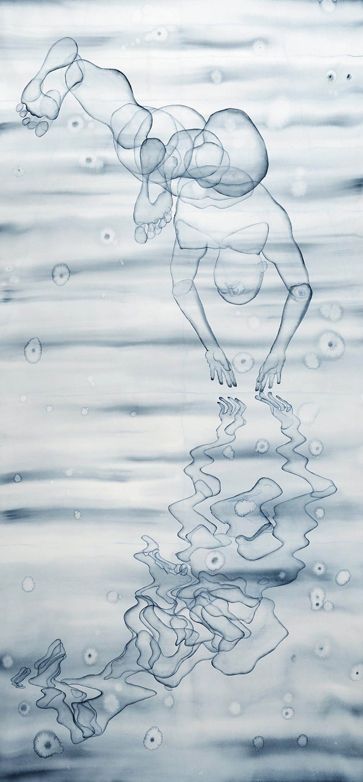 Stefano Bolzano, Riflettendo prima di immergersi, acquerello su carta, 110x237 cm, 2020.